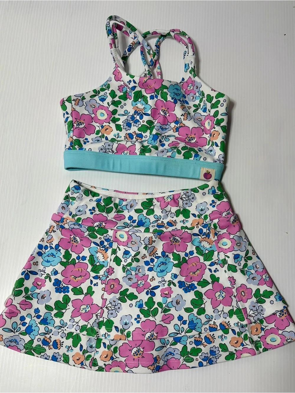 cheeky plum White Floral Crop Top & Skirt Set with Pink and Blue Flowers